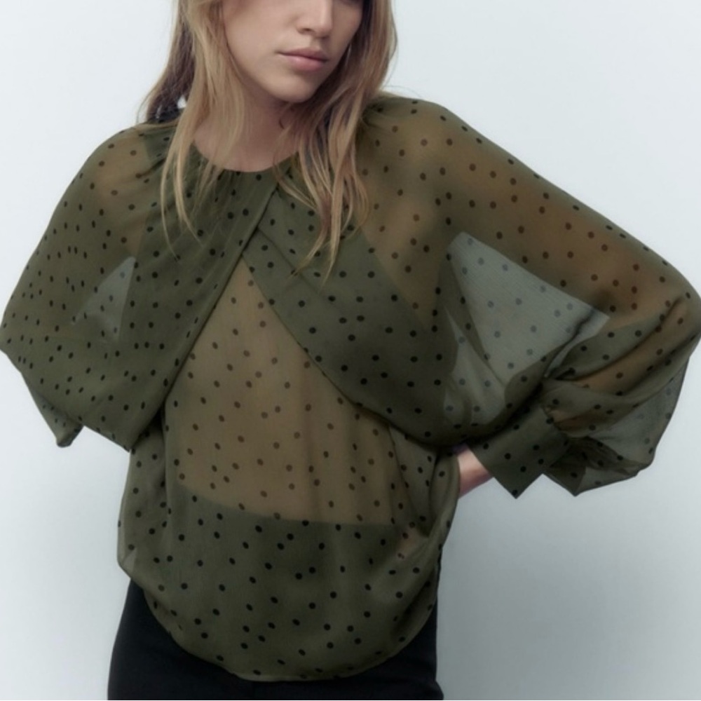 Zara | Sheer Olive Polka Dot Blouse NWT